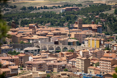 High angle view of buildings in town