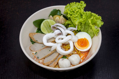 High angle view of breakfast served on table