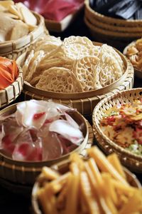 Kerupuk warung. a popular cracker of  white tapioca noodles. it is arranged among other crackers.