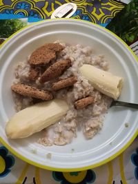 High angle view of food in plate on table