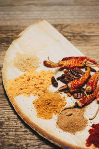 Spices and red chili peppers on table