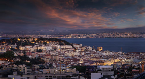 High angle view of city at sunset