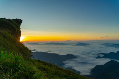 Scenic view of mountains against sky during sunset