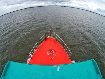 High angle view of red boat in sea