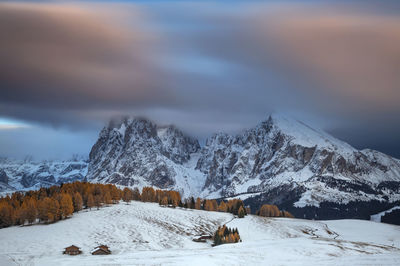 Scenic view of snow covered mountains against sky