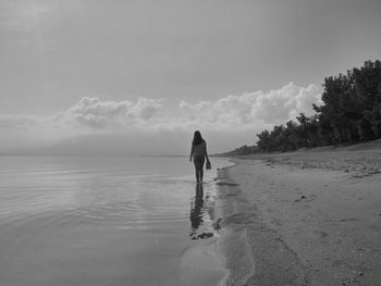 Rear view of man standing on beach against sky