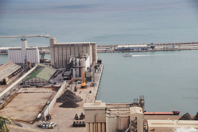 High angle view of commercial dock with mediterrean sea, barcelona 