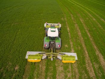 High angle view of tractor on agricultural field