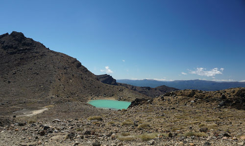 Scenic view of mountains against blue sky