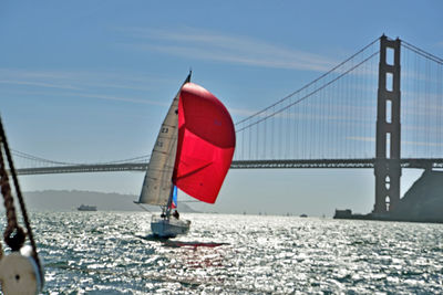 View of suspension bridge over sea