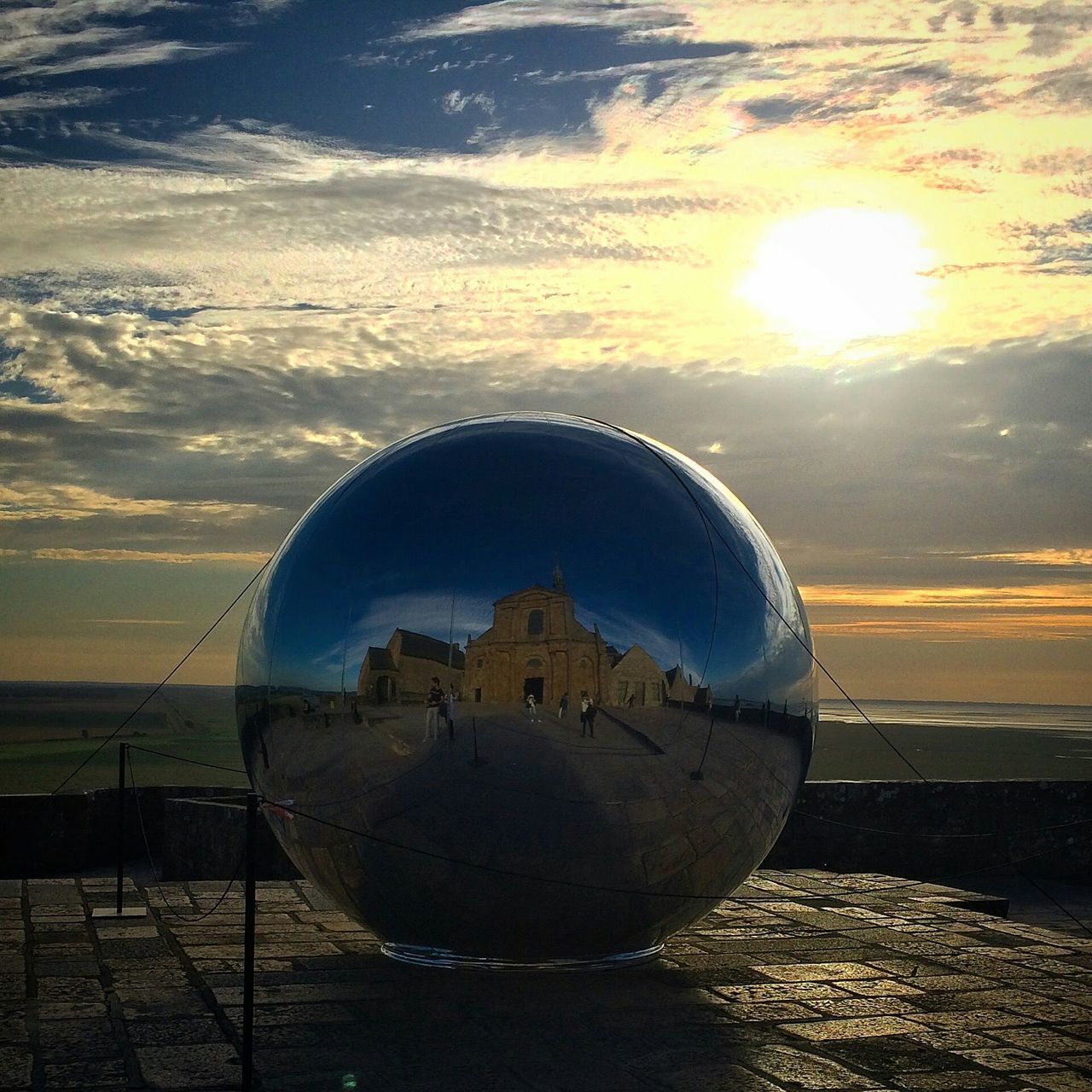 sphere, sunset, sea, sun, dome, sky, no people, outdoors, architecture, technology, radar, aerospace industry, water, astronomy, day