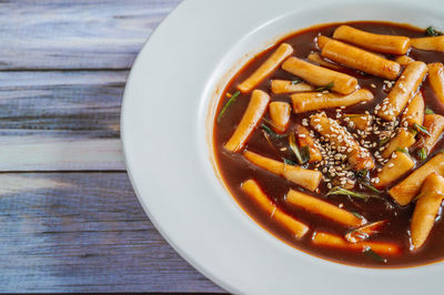 High angle view of soup in bowl on table