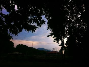 Silhouette trees by building against sky during sunset