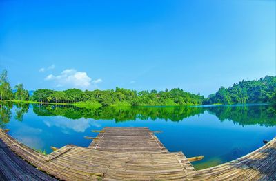 Scenic view of lake against blue sky