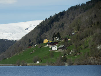Scenic view of lake by mountain against sky