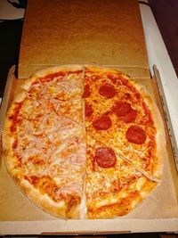 High angle view of pizza on table