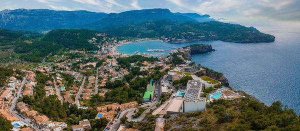 Beautiful aerial harbour of port de soller, mallorca