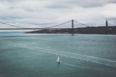 View of suspension bridge over sea