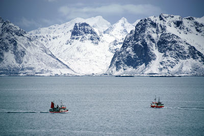 Sailboat sailing on sea by snowcapped mountain against sky