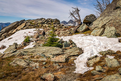 Rock formations on landscape against sky