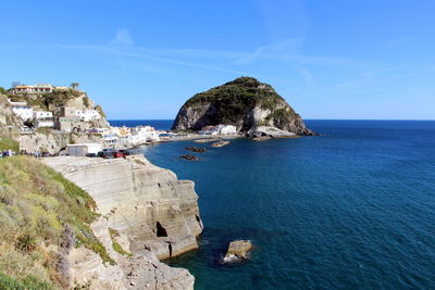 Panoramic view of sea and rocks against sky