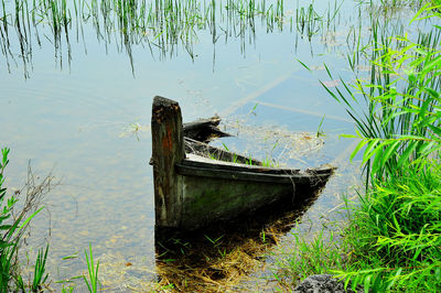 Abandoned boat moored at lakeshore