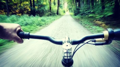 Close-up of person riding bicycle on road in forest
