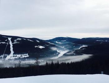 Scenic view of snowcapped mountains against cloudy sky