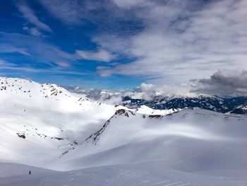 Aerial view of snowcapped mountains against sky