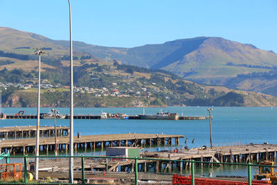 Scenic view of bay against clear sky