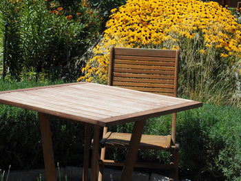 Empty chairs and table in park