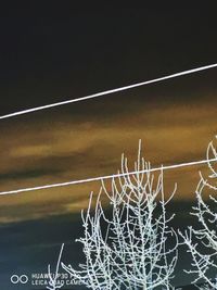 Low angle view of illuminated airplane against sky at night