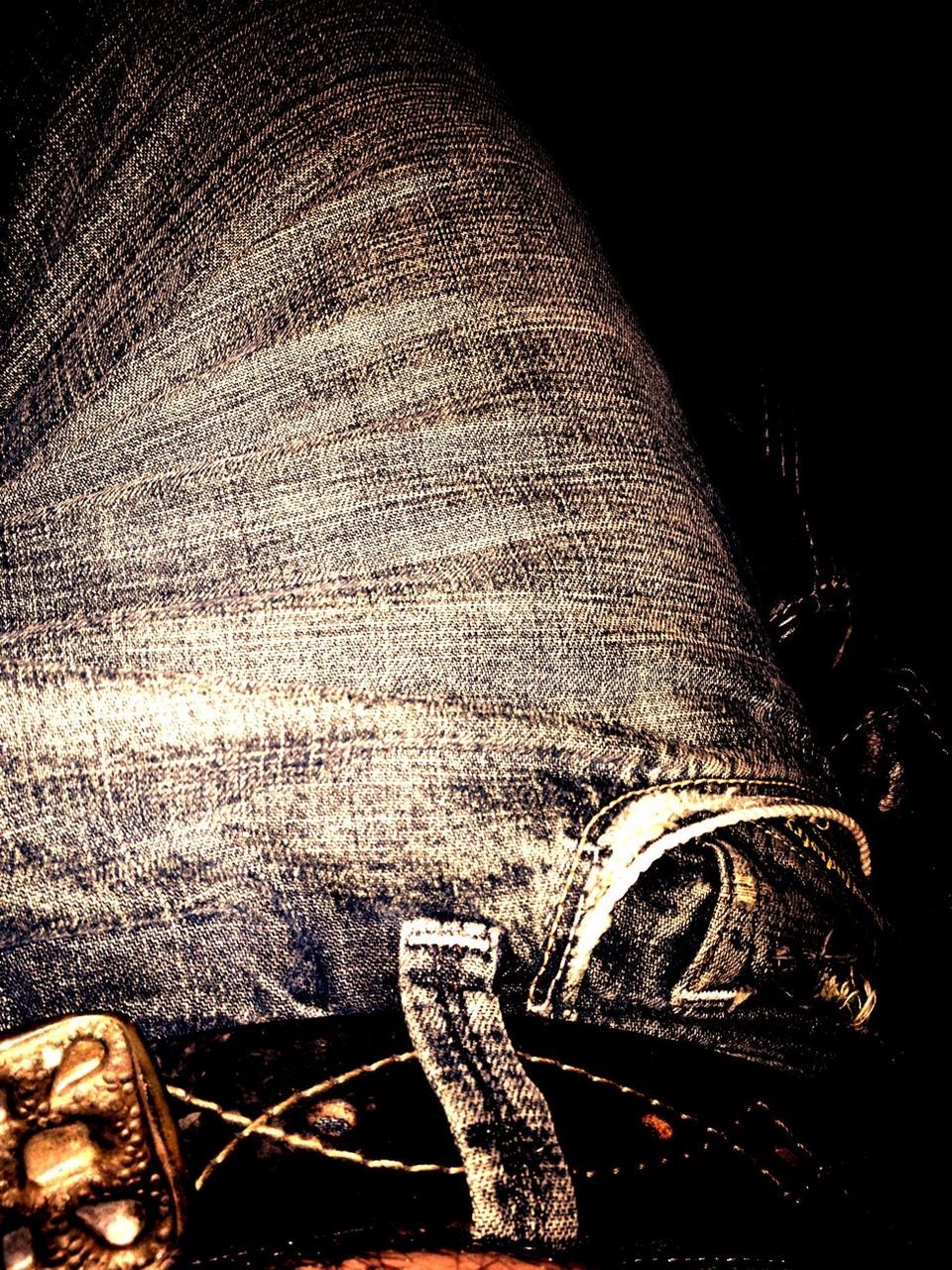 close-up, shoe, part of, indoors, black background, personal perspective, low section, high angle view, person, jeans, studio shot, men, fashion, leather, footwear, auto post production filter, lifestyles