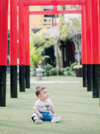 Full length of cute baby boy sitting on field amidst torii gate