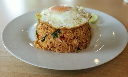 Close-up of fried rice served in plate on table