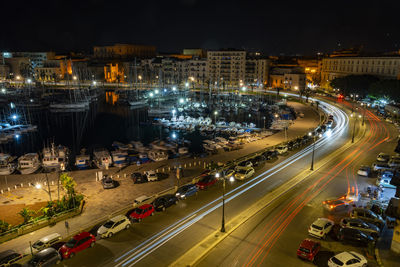 High angle view of illuminated city at night