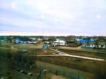 High angle view of airport runway against sky