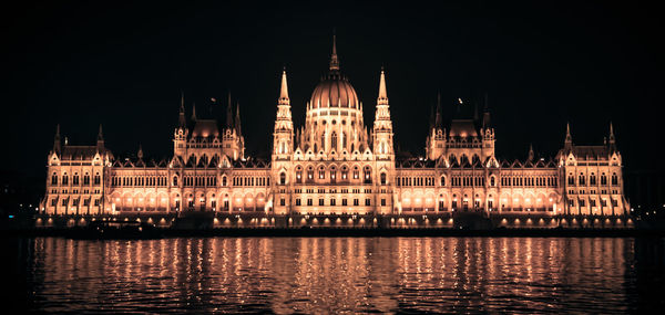 Illuminated hungarian parliament building against sky at night