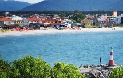 Scenic view of sea and town against sky