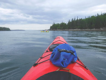 View of the bay from a kayak during a drizzle 