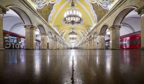 Empty komsomolskaya metro station with trains at the platform. moscow