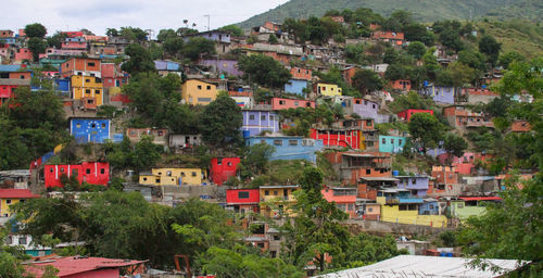 High angle view of houses in town