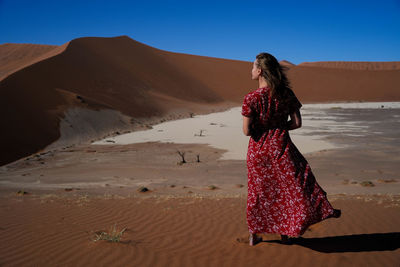 Rear view of woman standing at beach against sky