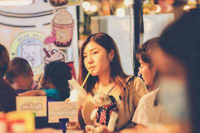 High angle view of people looking at restaurant