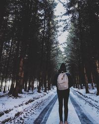 Rear view of woman walking on snow covered land