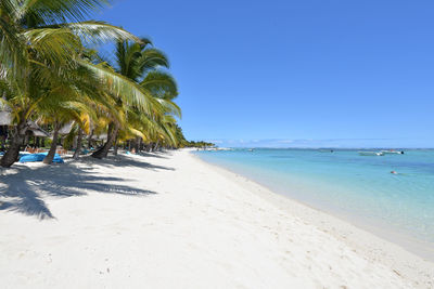 Scenic view of beach against clear blue sky