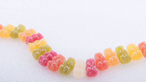 Multi colored candies against white background