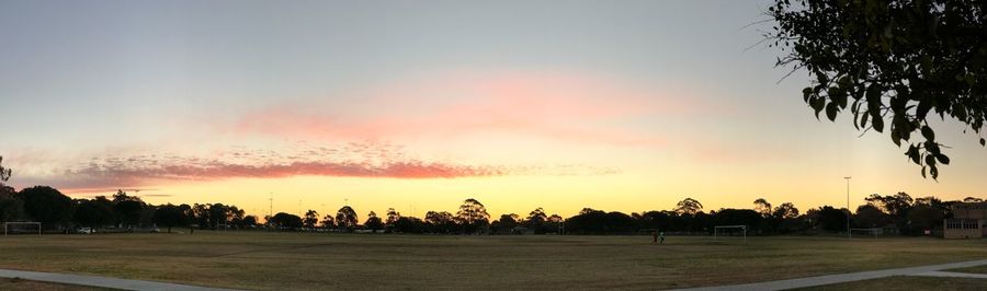 Silhouette trees on field against sky at sunset