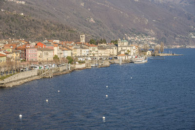 High angle view of the lakefront of cannobio and lake maggiore