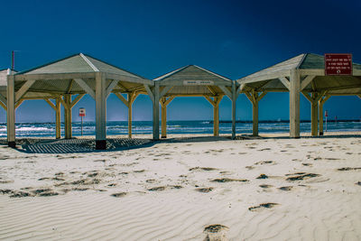 Scenic view of beach against clear blue sky